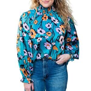 Vici Women's Small Blue Multicolor Floral Long Peplum Sleeve Turtleneck Blouse